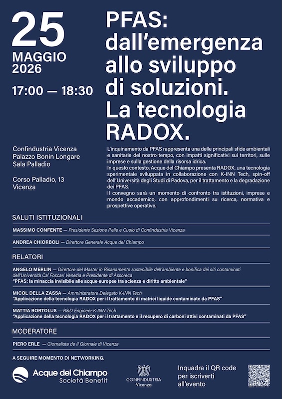 Acque del Chiampo | PFAS, Acque del Chiampo presenta lunedì 25 maggio a Vicenza la tecnologia sperimentale RADOX per la degradazione completa dei microinquinanti